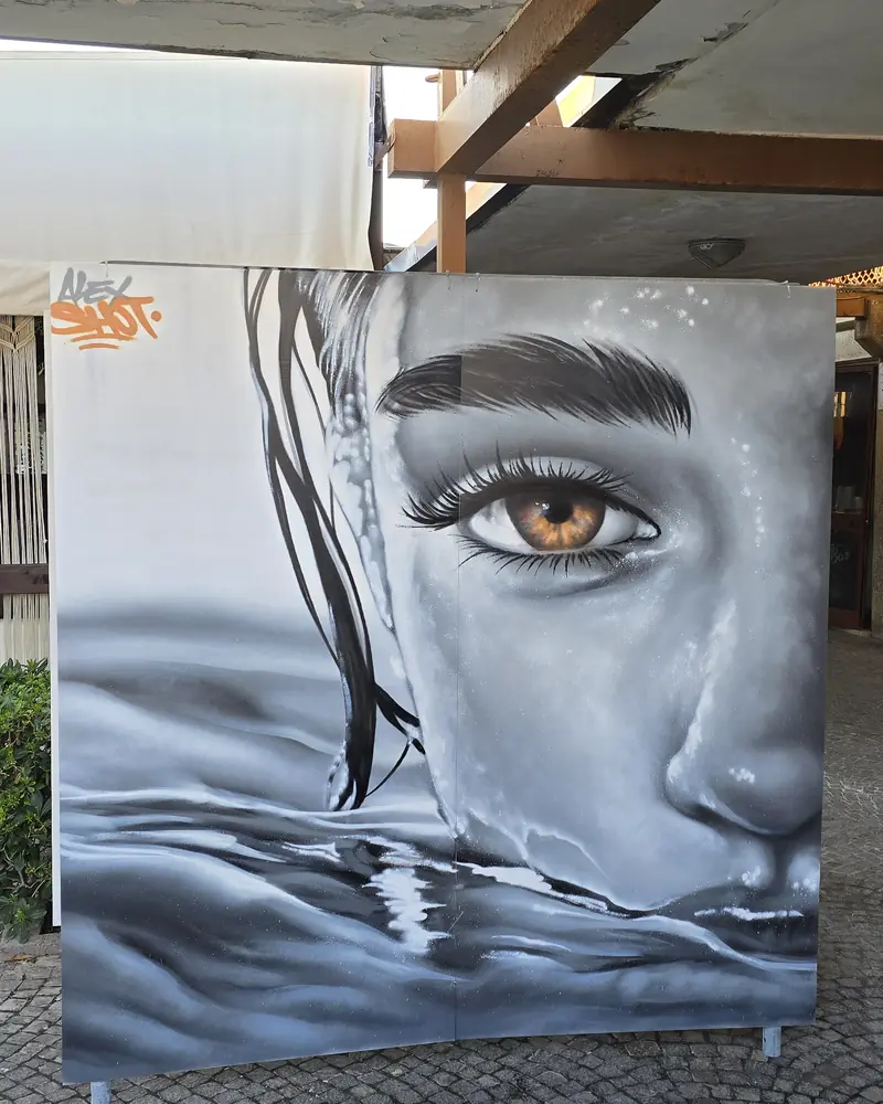 Pannello dipinto con occhio realistico e riflesso sull’acqua in black and grey